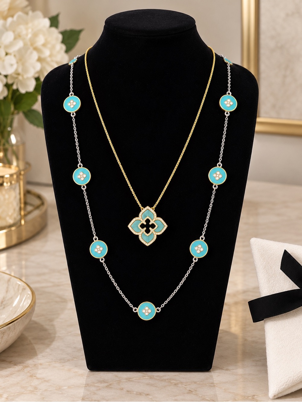 Turquoise Enamel Clover Pendant Necklace - Women Jewelry